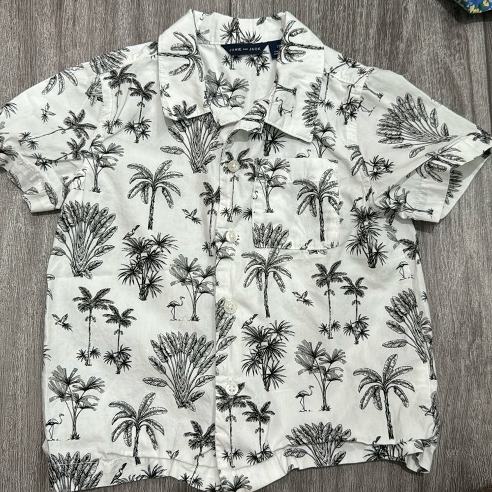Janie and Jack White Button Up with Black Summer Print